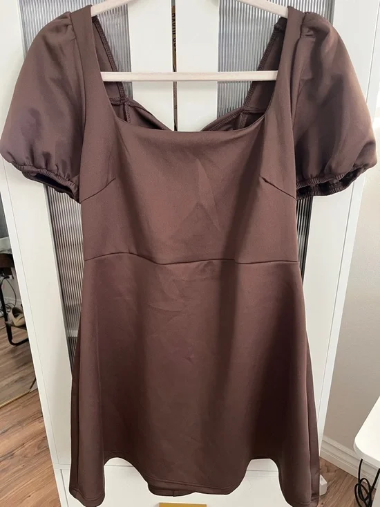 SHEIN Chocolate Brown Square-Neck Puff-Sleeve Mini Dress - Picture 1 of 2